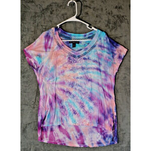 Gloria Vanderbilt Artisan Hand Dyed Purple Pink Lace Trim Tunic Tee M Floral Boh